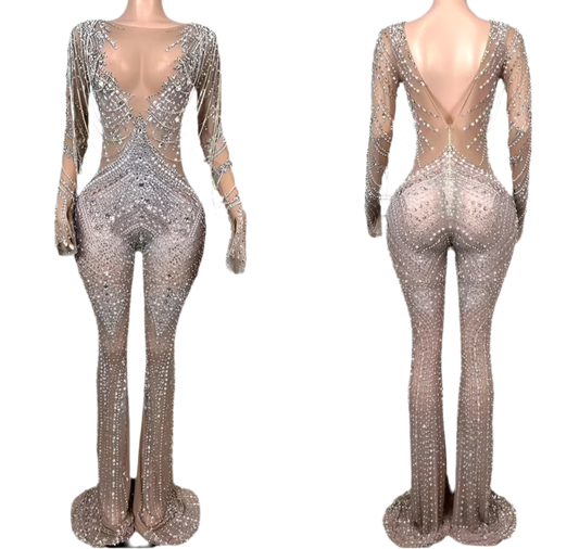 Rhinestones Mesh Fringed Jumpsuit